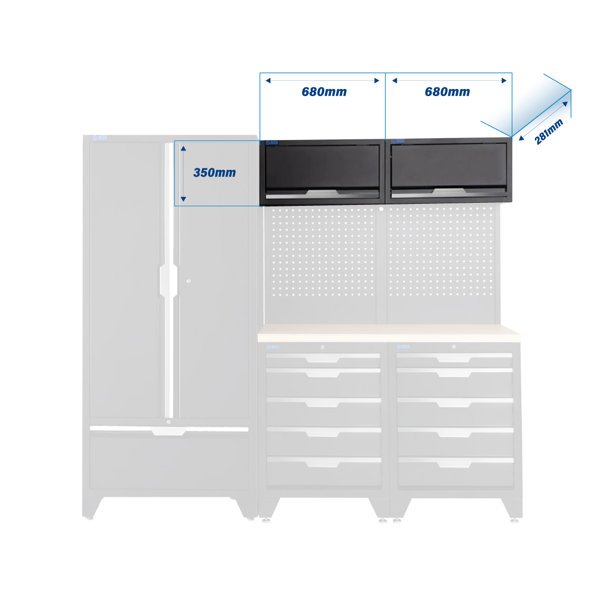 SGS 7pc Modular Garage Storage | 10 Drawers | Plywood Worktop | 2x Upper Cabinets | Tall Double Cabinet with Drawer